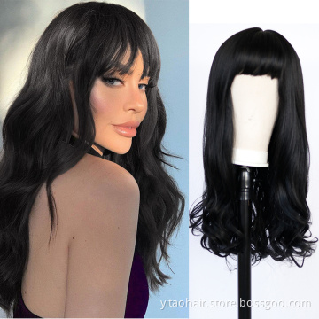 Dark black Wigs with Bangs Long Wavy Wigs for Women Synthetic Brunette Wig with Bangs Heat Resistant Natural Wavy for Daily